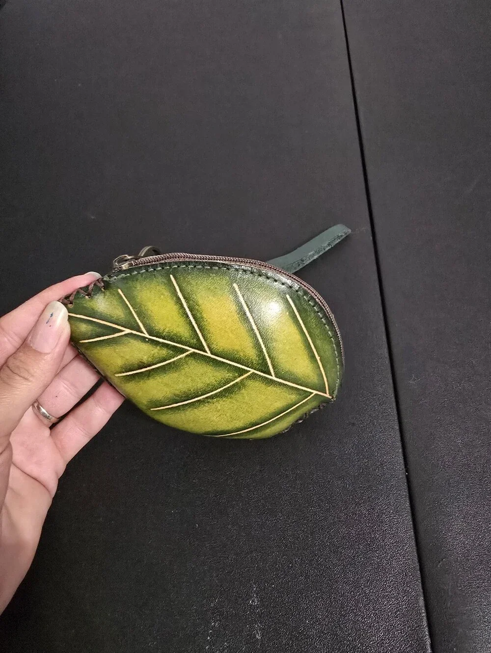 Leather Teardrop Keychain Wallet with Pink Rose and Orange Bee